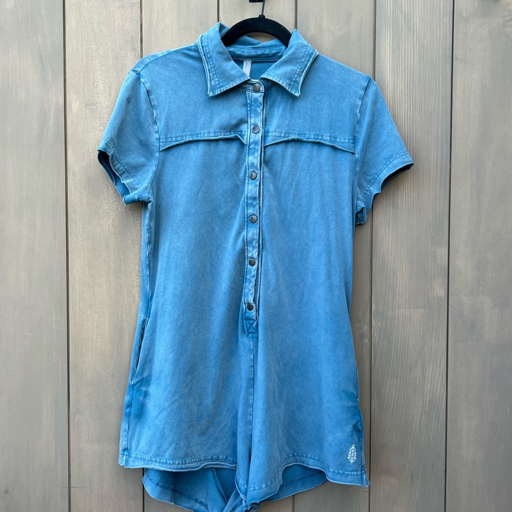 Free People Movement distressed blue button-down romper - Size Small -